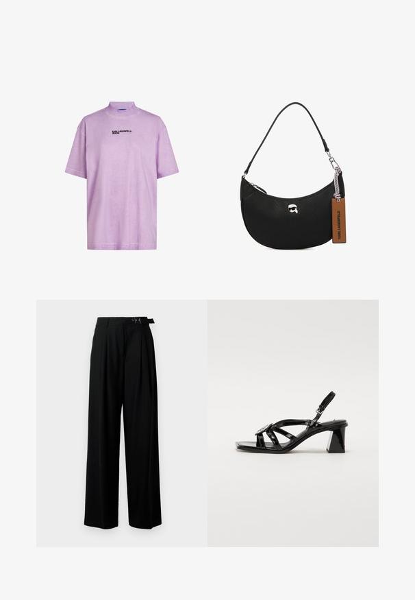 Tricou scurt cu mânecă, de culoare lavandă, cu guler înalt, având un logo negru "KARL LAGERFELD JEANS" pe față. Textură moale și fină.; Pantaloni negri cu croi larg, talie înaltă, pliuri în față și un b μέρος cu cataramă. Confecționați dintr-un material neted și ușor.; Sandale cu toc înalt din piele sintetică neagră, cu vârf deschis, curele late, cataramă reglabilă și toc geometric.; Geantă de mână din piele neagră cu o textură granuloasă, formă curbată, închidere cu fermoar pe partea de sus, accesorii din metal argintiu și o etichetă maro. Prezintă un accent cu logo.