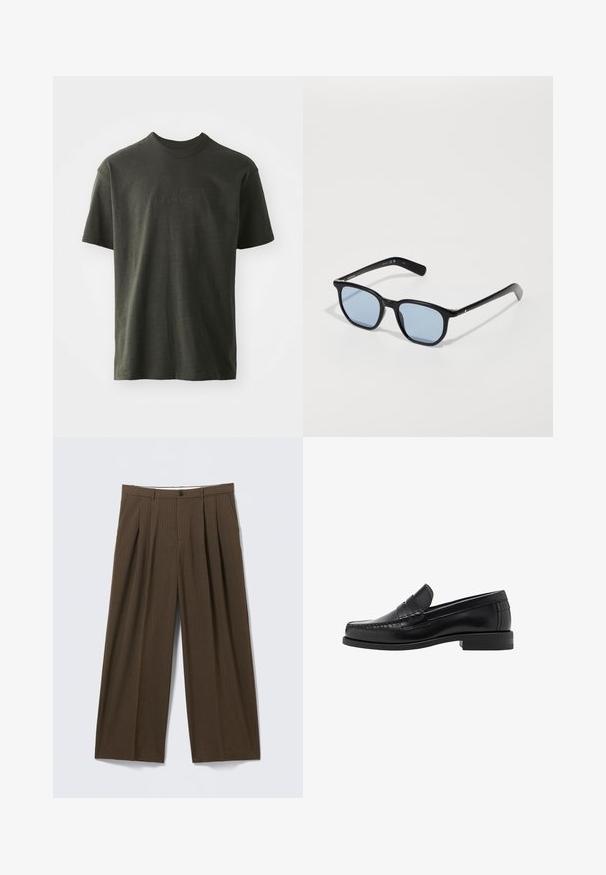 Ciemnozielona koszulka z miękkiego materiału, z okrągłym dekoltem i krótkimi rękawami. Wyhaftowane logo „nike” w nieco ciemniejszym odcieniu zieleni.; Brązowe spodnie w prążki o szerokich nogawkach, z przodami z zakładkami, zapięciem na guzik i gładką fakturą.; Czarne skórzane mokasyny o gładkim wykończeniu, ze stębnowaniem na nosie i niskim obcasem, zapewniającymi komfort i styl.; Czarne okulary przeciwsłoneczne o prostokątnych oprawkach, jasnoniebieskich soczewkach i gładkiej plastikowej teksturze. Posiadają wąskie zauszniki z subtelnym detalem logo.