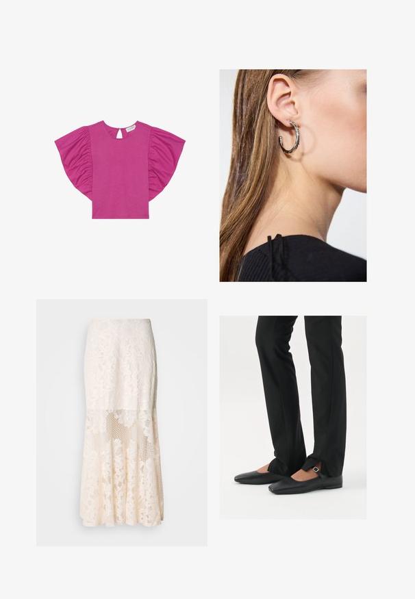 Fuksjowa bluzka z krótkimi, falbannikowymi rękawami, okrągłym dekoltem i otworem w kształcie łezki z tyłu. Wykonana z miękkiego, lekkiego materiału.; Kremowa spódnica midi z koronkowym wzorem; charakteryzuje się warstwowym fasonem z przezroczystymi sekcjami, teksturowaną koronką i falbaniastym dołem.; Czarne skórzane baletki z ostro zakończonym noskiem, paskiem z srebrną klamrą, w połączeniu z czarnymi spodniami o dopasowanym kroju z rozcięciem u dołu.; Srebrny kolczyk w kształcie koła z polerowanym wykończeniem, z małymi złotymi akcentami, noszony na płatku ucha.