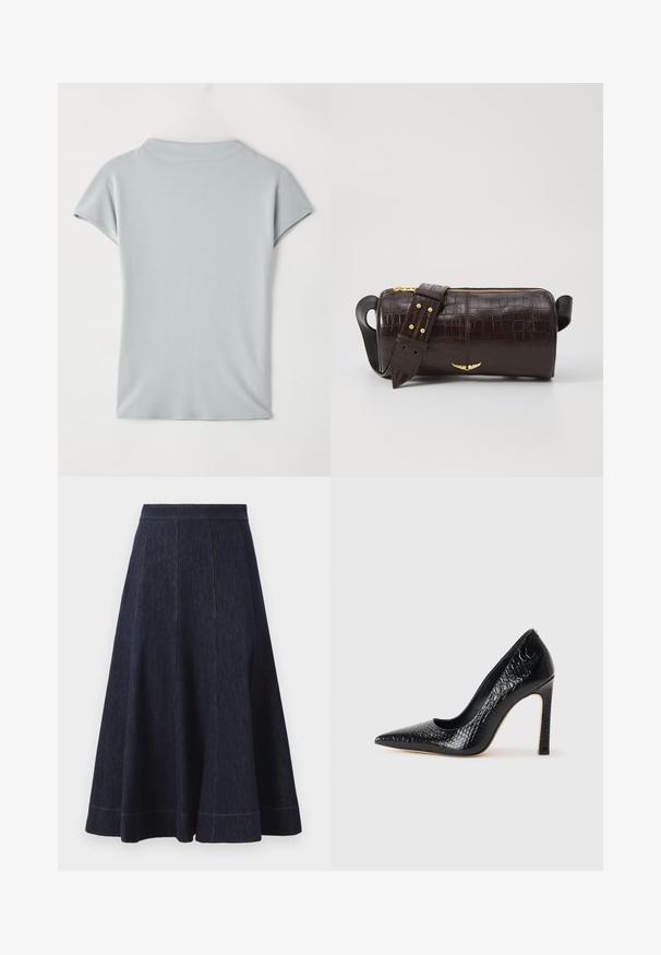 Svetlomodrý top s krátkym rukávom vyrobený z mäkkej látky, s okrúhlym výstrihom a jemným drapovaním pre uvoľnený strih. Bez vzorov alebo akcentov.; Tmavo modrá rifľová sukňa s rozšíreným strihom, so zvislými švovými detailmi a kontrastným oranžovým prešívaním pozdĺž lemovania.; Čierna lodička s špicatou špičkou a lakovanou textúrou krokodíla, s elegantným dizajnom, vysokým stiletto podpätkom a hladkým čiernym interiérom.; Hnedá taška z kože s embosovaným vzorom krokodíla, cylindrického tvaru, so zlatými hardvérovými doplnkami a odnímateľným popruhom so štítkami.