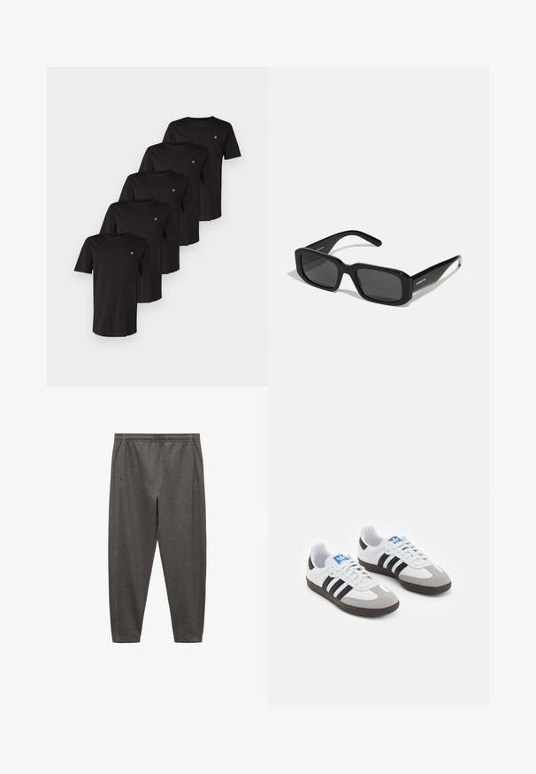 T-shirt in cotone nero con maniche corte, scollatura rotonda e un piccolo logo sul lato sinistro del petto, presentata in una pila di cinque.; Pantaloni da jogging grigi realizzati in tessuto morbido, dotati di elastico in vita, tasche laterali e un design a gamba affusolata.; Scarpe sportive con tomaia in pelle bianca, punta in suede grigia e tre strisce nere. Presentano un logo blu sulla linguetta e una suola in gomma testurizzata.; Arnette THEKIDD UNISEX - Occhiali da sole - black