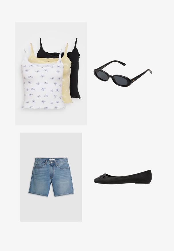 Kolm kampsunit: valge liblikamustriga, heledat kollast lillemustriga ja ühtlane must. Kõigil on peened rihmad ja ribakujuline tekstuur.; Heledad teksad helesinises, sirge lõikega, viie taskuga ja nupuga kinnitusega. Valmistatud puuvillast, millel on sile tekstuur.; Mustad sametist balleti kingad ümarate varvastega, esiosa kaunistava paeltega ja lame tald. Sile tekstuur ja klassikaline kuju.; Mustad mustad prillid ovaalsete läätsedega, sujuvast plastmassraamist ja kuldsete aktsentidega tempel. Tumedaid läätsi, mis pakuvad päikese kaitset.