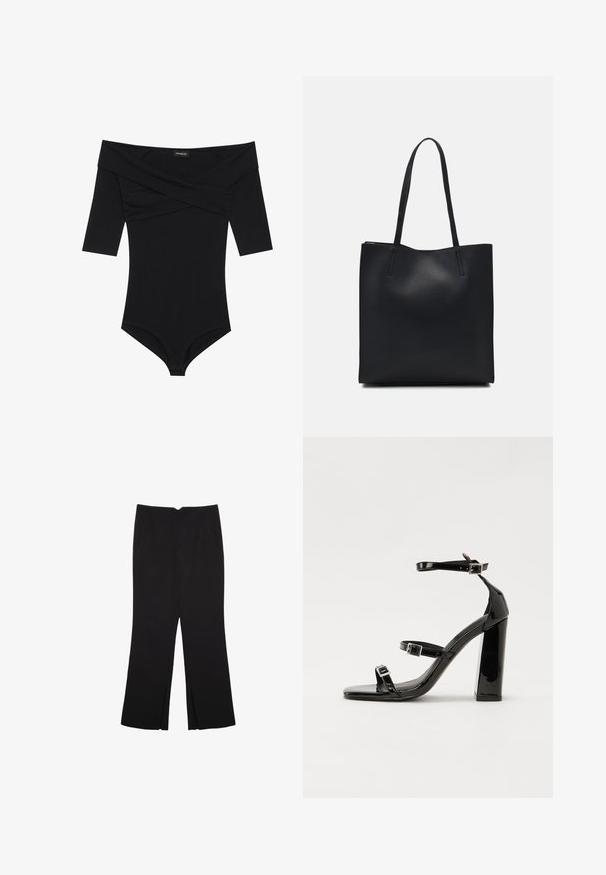 Body nero con scollo off-the-shoulder, maniche 3/4 e un design aderente. Realizzato in un tessuto morbido e liscio con cuciture minime.; Pantaloni neri a gamba dritta, con tasche frontali e spacchi laterali all'orlo. Realizzati in tessuto morbido e liscio. Adatti a diverse occasioni.; Sandali con tacco in vernice nera, con punta squadrata, cinturini alla caviglia e fibbie in argento. Presentano un tacco a blocco spesso per maggiore stabilità.; Borsa tote in pelle nera con texture liscia, forma rettangolare e due manici lunghi. Nessun hardware o decorazione visibile.