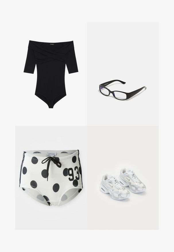 Juodas bodis su petį apnuoginančiu iškirpimu, 3/4 ilgio rankovėmis ir prigludusia forma. Pagamintas iš minkštos, lygaus audinio su minimaliais siūlėmis.; Juoda ir balta poilsio šortai su taškelių raštu, turintys raištelį juosmenyje, su numeriu "93" priekyje ir lygiu, elastingu audiniu.; Balti sportiniai bateliai su tinkliniu paviršiumi, sidabro akcentais, unikaliu siluetu ir oro pagalvėmis kulne. Su raištelių dizainu ir logotipo elementu.; Juodi stačiakampiai akinių rėmeliai su skaidriais lęšiais. Blizgus paviršius, siauri šonai ir purpurinis atspalvis, matomas lęšių pakraščiuose.