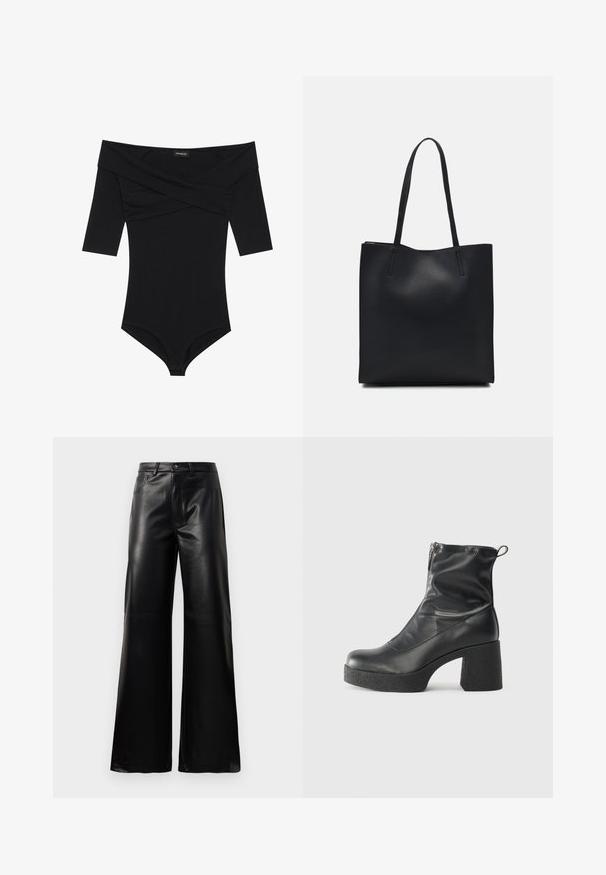 Mustvalge bodi, millel on õlgadelt avatud dekoltee, 3/4-sleeve ja vormikujundus. Valmistatud pehmest ja siledast kangast, millel on minimaalsed õmblused.; Mustad talje laiad jalad kunstnahast püksid esipaneeli nööbi ja lukuga, vöödega ja küljetaskutega valge tausta peal.; Mustad mustad ansapüksid, mis on valmistatud siledast nahast, külje zipperiga, paksu tekstuuriga kontsaga ja ümmarguse nina disainiga.; Mustast nahast kott sujuva tekstuuriga, ristkülikukujuline ja kahe pika sangaga. Pole nähtavat riistvara ega kaunistusi.