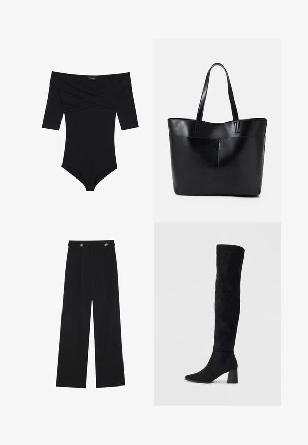 Sort bodysuit med off-the-shoulder halsudskæring, 3/4-ærmer og tætsiddende design. Lavet af blødt, glat stof med minimale sømme.; Sorte vide bukser med høj talje, knapdetaljer på taljebåndet og frontfald.; Sorte ruskind støvler i knæhøjde med blokheel, spids tå og glat, sømløs design på en enkel lys baggrund.; Sort læder tote taske med to lange håndtag, en glat tekstur og en struktureret form. Har en forlommem for ekstra opbevaring.