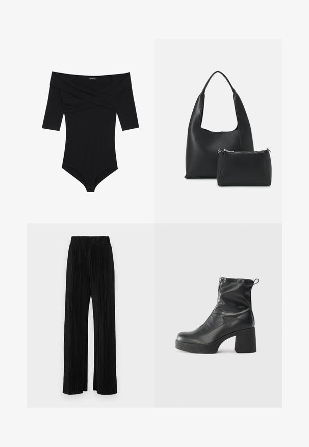 Juodas bodis su petį apnuoginančiu iškirpimu, 3/4 ilgio rankovėmis ir prigludusia forma. Pagamintas iš minkštos, lygaus audinio su minimaliais siūlėmis.; Juodi plisuoti kelnės su elastine juosta. Turėkite plačias kojas ir glotnų, tekstūrinį audinį su vertikaliais dryžiais.; Juodos kulkšninių botai, pagaminti iš lygaus odos, su šoniniu užtrauktuku, masyviu tekstūruotu kulnu ir apvaliu pirštu.; Even&Odd Rankinė - black