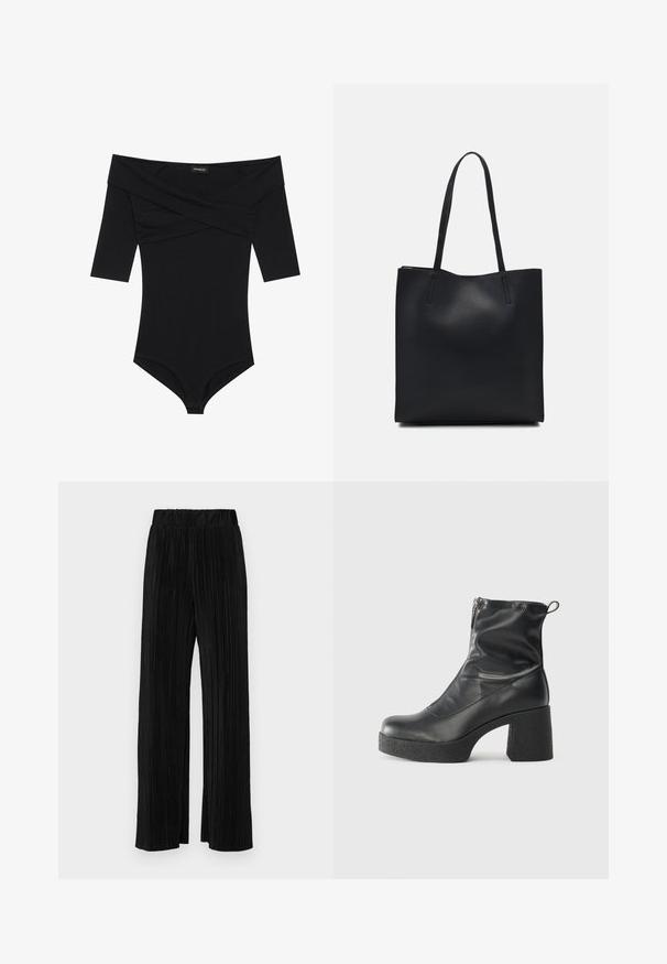Sort bodysuit med off-the-shoulder halsudskæring, 3/4-ærmer og tætsiddende design. Lavet af blødt, glat stof med minimale sømme.; Sorte plisserede bukser med elastisk talje. Har brede ben og et glat, tekstureret stof med lodrette striber.; Sorte ankelstøvler lavet af glat læder, med en sidelukning, kraftig struktureret hæl og rundt tådesign.; Sort læder tote taske med glat tekstur, rektangulær form og to lange hanke. Ingen synlig hardware eller udsmykninger.