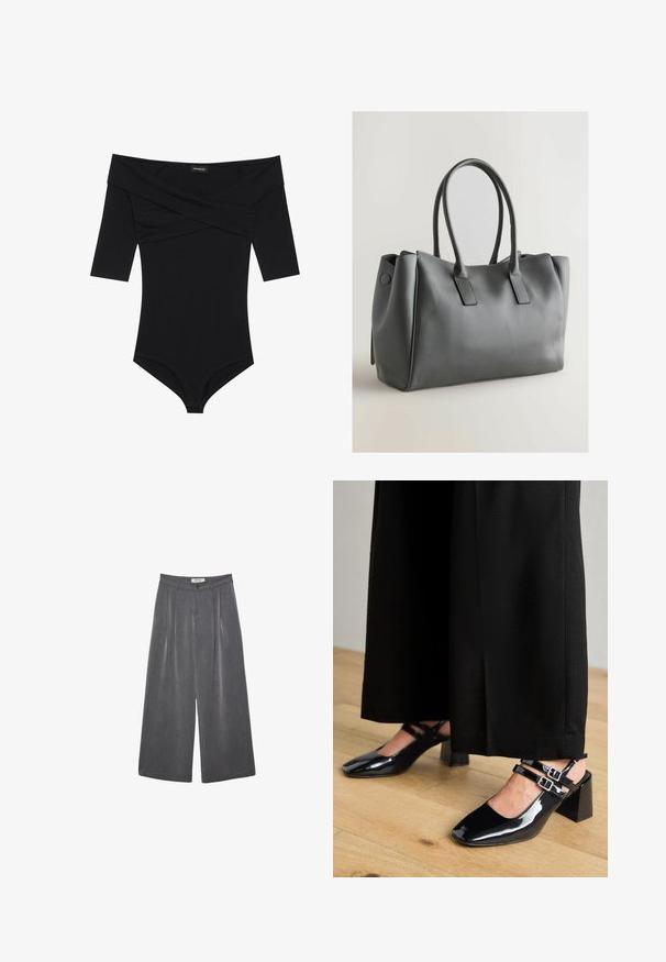 Sort bodysuit med off-the-shoulder halsudskæring, 3/4-ærmer og tætsiddende design. Lavet af blødt, glat stof med minimale sømme.; Plisserede vide bukser i en mørkegrå stof med en subtil tekstur. Har en knaplukning og et klassisk talje-design.; Sorte patenterede læderslingback-sko med firkantede tåspidser, der har dobbelt justerbare ankleremme og blokhæle. Glat, skinnende overflade.; Grå læderhand bag med dobbelte håndtag, rektangulær form, glat tekstur og minimalistisk design. Har flade sidepaneler og diskret syning.