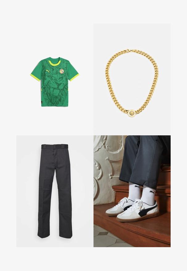 Zöld, rövid ujjú mez, sötétzöld oroszlán grafikai tervezéssel. Sárga díszítéssel és logóval a mellkasán.; Fekete nadrág tartós anyagból, egyenes szárú kivitelben, övhurkokkal ellátott derékkal és további textúrát adó varratokkal.; Fehér és fekete velúr Puma sportcipők, barna gumitalppal. Fehér zoknival párosítva, amely fekete logót visel, sötét nadrággal kombinálva.; Arany lánc nyaklánc nagy, egymásba fonódó gyűrűkkel, középen egy kiemelkedő emblémával ellátott kört alakító medállal.