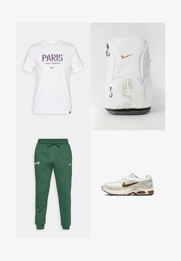 Biała koszulka z krótkim rękawem z napisem "PARIS" w niebieskich i czerwonych geometrycznych literach oraz "SAINT-GERMAIN" w mniejszym tekście poniżej. W zestawie logo Nike.; Zielone spodnie dresowe wykonane z miękkiego materiału, z elastycznym pasem na sznurki, elastycznymi mankietami oraz napisem "Dream City" na lewej nogawce z logo Nike.; Sneakers Nike w odcieniu off-white z teksturowaną siateczką, brązowymi akcentami i amortyzowaną podeszwą. Lekka konstrukcja z zaokrąglonym noskiem i sznurowanym zapięciem.; Plecak Nike w białym kolorze z złotym logo i napisem "ELITE", z zamknięciem na zamek, siateczkowymi kieszeniami bocznymi oraz czarną podstawą. Gładka tekstura.