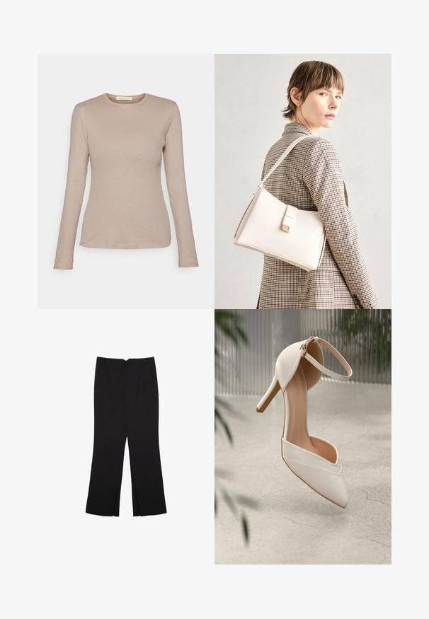 Beige Langarm-Rippoberteil mit Rundhalsausschnitt und figurbetontem Design. Verfügt über ein kleines Stoffetikett am Saum und besteht aus einem weichen Textil.; Schwarze Hose mit geradem Schnitt, ausgestattet mit Fronttaschen und Seitenschlitzen am Saum. Hergestellt aus weichem, glattem Stoff. Geeignet für verschiedene Anlässe.; Weiße High Heels aus glattem Material mit spitzem Schuhschild und Knöchelriemen. Mit einem hellbraunen Innenleben und goldfarbener Hardware-Akzentuierung.; Weiße Lederhandtasche mit strukturiertem Design, ausgestattet mit einem Magnetverschluss und einem Schulterriemen, präsentiert vor einem neutralen Hintergrund.