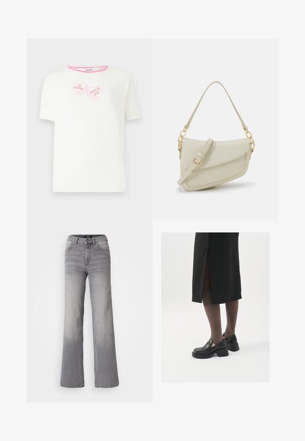 Bílý tričko s krátkým rukávem a růžovým žebrovaným výstřihem, na kterém jsou dvě růžové srdíčkové grafiky s nápisy "BUĎ MŇOU" a "ROZKOŠNÍK".; Džíny z šedého denimu s vysokým pasem a rovnými nohavicemi, předním zapínáním na knoflík a zip, předními a zadními kapsami, a vybledlým stínováním na stehnech a lýtkách.; Černé kožené boty s kulatou špičkou, silným blokovým podpatkem a elastickými bočními akcenty, spárované s tmavými punčochami a černou sukní se rozparkem.; Malá krémová kabelka s texturovaným povrchem, dlouhým nastavitelným popruhem, řetízkovým akcentem a klopou. Ozdobné detaily zlaté barvy.; Zlaté kruhové náušnice s hladkým, lesklým povrchem. Kruhový design s malým kolíčkem a průhledným záznamem pro bezpečné nošení.