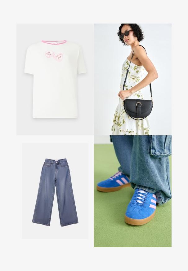 Valge lühikeste varrukate ja roosa sooniku kraega t-särk, millel on kaks roosat südamekujulist graafikat tekstiga "OLE MINU" ja "LUMIK".; Laia sinise pesu laiad teksad, millel on kõrge talje, ees taskud ja nööbilukuga vöörihmade jaoks.; Sinised sametkingad roosade triipudega ja valgete paeltega, millel on kummist tallad, kombineeritud laia teksapükstega rohelisel pinnal.; Mustmust mustraha kõverate joontega, eemaldatava rihmaga ja kuldsete detailidega. Kotil on klapp, millel on pandladetail.