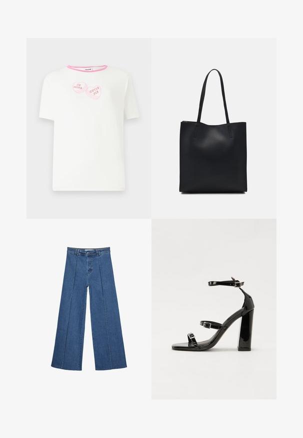 Vit kortärmad t-shirt med en rosa ribbad halsringning som har två rosa hjärtformade grafik med texten "BE MINE" och "CUTIE PIE."; Vidbenade denimjeans i medelblått, med hög midja, knäppning och kontrasterande vertikala sömdetaljer längst fram.; Svarta lackerade klacksandaler med fyrkantig tå, ankelremmar och silverfärgade spännen. Har en kraftig blockklack för stabilitet.; Svart lädertoffelväska med slät textur, rektangulär form och två långa handtag. Ingen synlig hårdvara eller dekorationer.