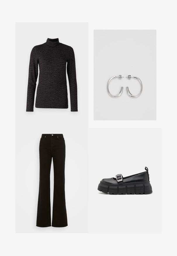 Črn turtleneck dolg rokav top z teksturiranim vzorcem zebra črt. Mehka tkanina z oprijetim krojem in visokim ovratnikom.; Črne flare kavbojke z visokim pasom, izdelane iz denima, s gumbom za zapiranje, stranskimi žepi in gladko teksturo.; Črne platformske loafer čevlje s zaobljenim nosom, gladkim usnjem, nastavljivo sponko in rebrastim gumijastim podplatom s horizontalnimi reberci.; Srebrne obročaste uhane z gladko, sijočo površino. Zaobljena oblika, lahka zasnova, z zapiranjem na zatič.