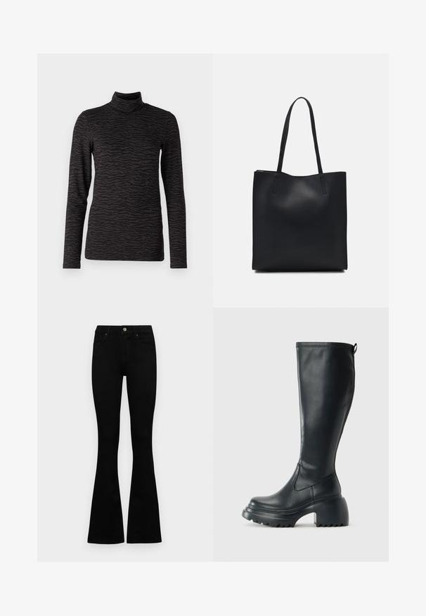 Melna augstākā apkakle ar garām piedurknēm, ar teksturētu zebras svītru rakstu. Mīksts audums ar pieguļošu siluetu un augstu apkakles dizainu.; Melni augsta jostas šorti ar pogu un rāvējslēdzēju, priekšējām kabatām un izplestām kājām, nolikti uz balta fona.; Augstas melnas ādas zābakus ar masīvu platformu un bloka papēdi, ar vilkšanas cilpu un strukturētu profilu uz ārējā zoles.; Melnas ādas somiņa ar gludu tekstūru, taisnstūra formu un divām garām rokturiem. Nav redzamu aparatūras vai rotājumu.