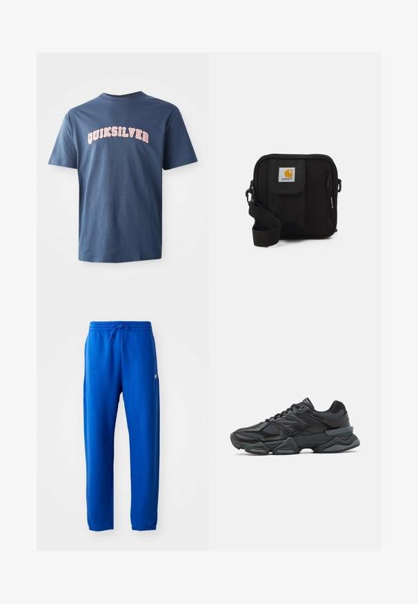 T-shirt azul marinho de manga curta com "QUIKSILVER" em letras brancas e rosas ao estilo universitário atravessando o peito.; Calças de fato de treino azuis feitas de um tecido suave, com uma cintura elástica com cordão, pernas ajustadas e um pequeno detalhe de logotipo na lateral.; Sapato de corrida preto com uma combinação de malha e materiais sintéticos, sola robusta, design curvado e uma marca de destaque na lateral.; Bolsa transversal preta com um compartimento principal com fecho éclair, bolso frontal, alça ajustável e um logotipo visível na aba.