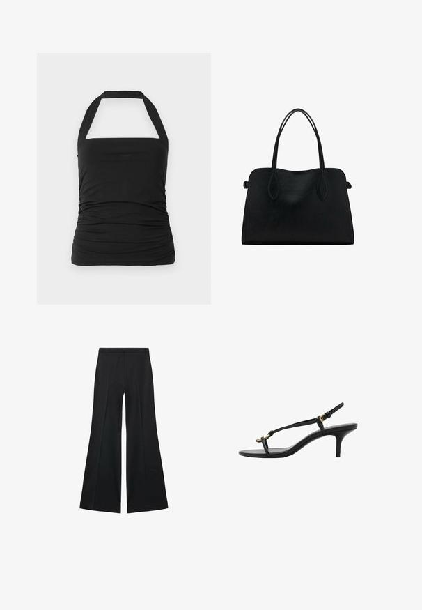 Top negru tip halter cu decolteu pătrat, textură plisată pe laterale și bretele late. Confecționat dintr-un material moale și elastic.; Pantaloni negri cu croială largă, având o textură netedă, cu pliseuri frontale și un design croit. Materialul este ușor și fluid.; Sandal cu toc kitten din piele neagră, cu curele subțiri, cataramă aurie și buclă minimalistă pentru degetele de la picioare, pe un fundal alb.; Geantă din piele neagră cu două mânere pentru umăr, formă rectangulară și design minimalistic pe un fundal alb.