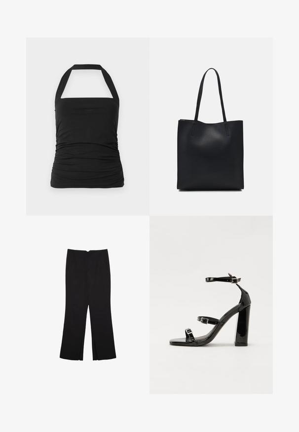 Top nero a fascia con scollatura quadrata, texture arricciata sui lati e spalline larghe. Realizzato in tessuto morbido e elasticizzato.; Pantaloni neri a gamba dritta, con tasche frontali e spacchi laterali all'orlo. Realizzati in tessuto morbido e liscio. Adatti a diverse occasioni.; Sandali con tacco in vernice nera, con punta squadrata, cinturini alla caviglia e fibbie in argento. Presentano un tacco a blocco spesso per maggiore stabilità.; Borsa tote in pelle nera con texture liscia, forma rettangolare e due manici lunghi. Nessun hardware o decorazione visibile.