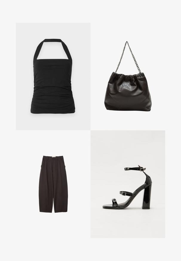 Top nero a fascia con scollatura quadrata, texture arricciata sui lati e spalline larghe. Realizzato in tessuto morbido e elasticizzato.; Pantaloni neri a gamba larga realizzati in un tessuto morbido, con vita alta, pieghe frontali e tasche laterali. Design semplice senza decorazioni.; Sandali con tacco in vernice nera, con punta squadrata, cinturini alla caviglia e fibbie in argento. Presentano un tacco a blocco spesso per maggiore stabilità.; Borsa in pelle marrone con parte superiore arricciata e tracolla a catena. Texture liscia con finitura lucida e dettagli di cucitura sottili sui lati.