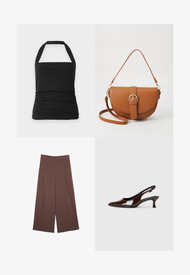 Black halter top with a square neckline, gathered texture at the sides, and wide straps. Made from soft, stretchy fabric.; Brown wide-leg trousers with a smooth texture, featuring a high waist and front pleats. The fabric is lightweight and flows loosely.; Brown patent leather slingback shoe with a pointed toe and a moderate heel. Features a buckle strap for secure fit. Smooth texture.; Brown leather crossbody bag with a curved shape, gold hardware, and a buckle accent. Features a detachable shoulder strap.