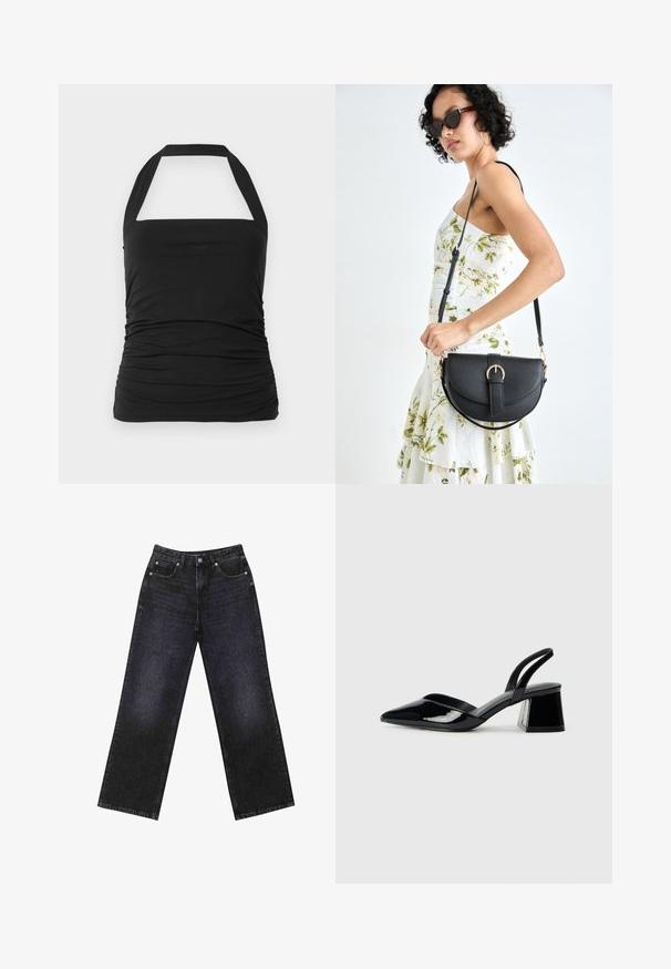 Černý halter top s čtvercovým výstřihem, na bocích látka s nabíranou texturou a širšími ramínky. Vyrobeno z měkké a elastické tkaniny.; Černé džíny s vysokým pasem a širokým střihem, pět kapsami a viditelným švem. Materiál má hladký, mírně strukturovaný povrch.; Černé lakované kožené lodičky na pásku s špičatou špičkou a geometrickým blokovým podpatkem. Vyznačují se elegantním, minimalistickým designem a hladkým povrchem.; Černá kožená kabelka s křivkovým tvarem, odnímatelným popruhem a zlatými detaily. Kabelka má klopu s přezkou.