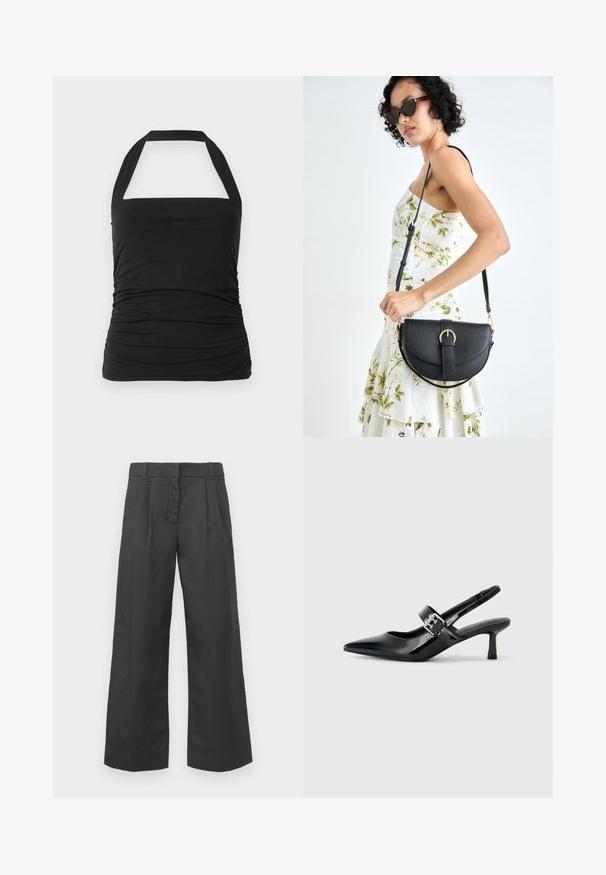 Top nero a fascia con scollatura quadrata, texture arricciata sui lati e spalline larghe. Realizzato in tessuto morbido e elasticizzato.; Pantaloni a gamba larga in tessuto nero, caratterizzati da una vita alta, pieghe frontali e tasche sottili. Texture liscia con una finitura pulita.; Décolleté neri in vernice con punta affilata e tacco a blocco piccolo, dotati di un accentuato con fibbia argentata sulla cinturino.; Borsa a tracolla nera in pelle con una forma curva, manico rimovibile e accessori dorati. La borsa presenta una patta con un dettaglio a fibbia.