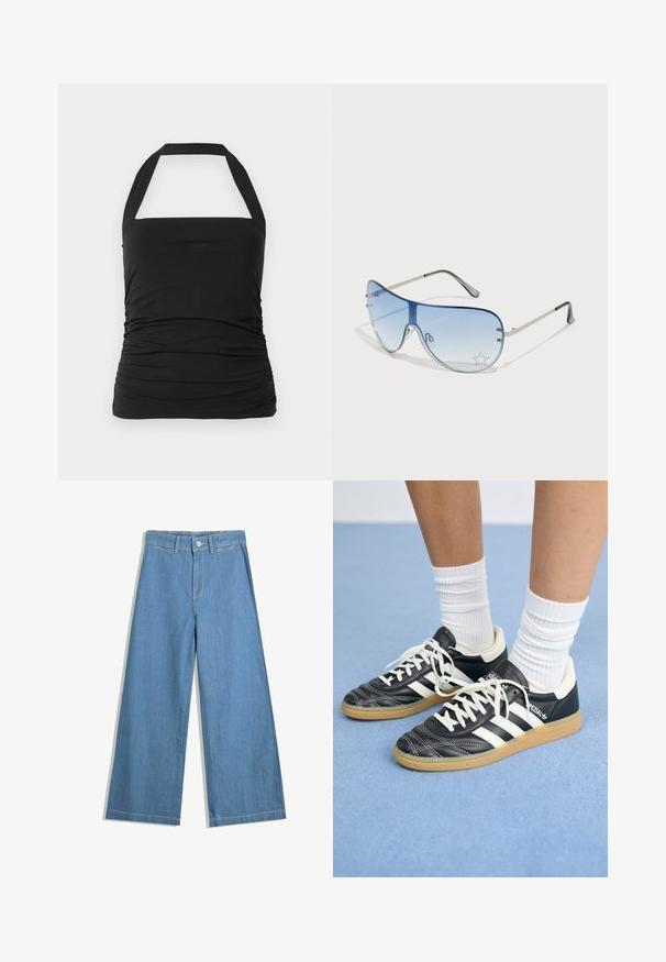 Crna halter top s kvadratnim izrezom, nabrana tekstura sa strane i široke naramenice. Izrađena od mekanog, rastezljivog materijala.; Svijetloplave široke traperice s dugim nogavicama, izrađene od denima, s zatvaranjem na gumbe, petljama za remen i suptilnim detaljima šivanja.; Crne kožne atletike s bijelim trakama, okruglim prstima, bijelim vezicama i gumeni potplat. Naglašene jastučićem oko gležnja i detaljima s brandingom.; Naočale tipa avijatičar s gradijentnim plavim staklima, okvirom od srebrnog metala i dekorativnim zvjezdastim naglascima na staklima. Glatki i elegantni dizajn.