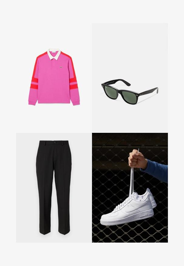 Ružová polo košeľa s dlhým rukávom, ktorá má na rukávoch červené pruhy a biely golier. Obsahuje malé zelené logo na hrudi.; Čierne nohavice z hladkej tkaniny s rovnými nohavicami, prednými vreckami, jedným gombíkom na zapínanie a bez viditeľných vzorov.; Biele kožené tenisky s perforáciami, okrúhlou špičkou, plochou podrážkou a hrubými šnúrkami, pričom majú viditeľné logo swoosh a nápis "AIR" na päte.; Čierne plastové slnečné okuliare so zelenými šošovkami, štvorcové rámy, strieborný akcent na obočí a textúrované ramenné opierky. Brand uvedený na vnútornej strane ramien.