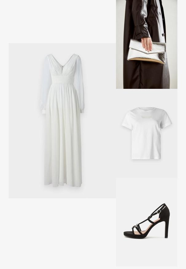 Witte katoenen T-shirt met korte mouwen, met een textuur van een gouden en grijze merklogo op de voorkant. Klassieke ronde hals, casual pasvorm.; Lang witte jurk met een V-hals, een aansluitende taille en een vloeiende rok. Heeft lange doorschijnende mouwen en een ritssluiting op de rug. Soepele textuur.; Zwarte suède hoge hakken sandaal met kruislings verstelbare banden, een decoratieve zilveren acccent en een platformzool voor extra hoogte.; Zilveren metallic clutch met een hoekig envelopontwerp, een gladde textuur en een contrasterende binnenkleur, vastgehouden in een hand die een zwarte jas draagt.