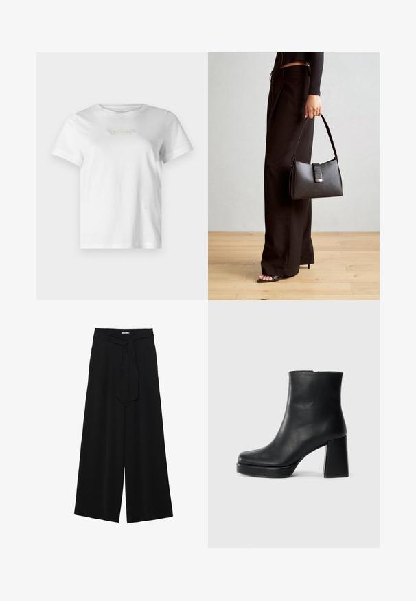 T-shirt bianco in cotone a maniche corte, con logo del marchio testurizzato in oro e grigio sul fronte. Collo tondo classico, vestibilità casual.; Pantaloni neri a gamba larga caratterizzati da un tessuto testurizzato, una vita elastica e una cintura staccabile per una vestibilità regolabile.; Stivale alla caviglia in pelle nera con tacco a blocco e suola platform, visto di lato su uno sfondo bianco uniforme.; Borsa nera con forma strutturata, texture liscia e una chiusura metallica. Abbinata a pantaloni neri larghi e sandali open-toe su un pavimento in legno.
