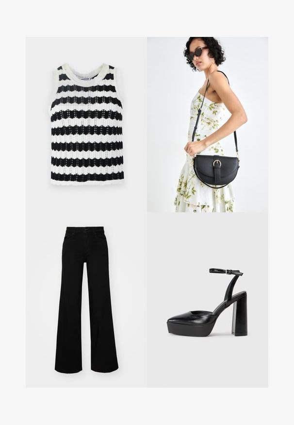 Black and white striped sleeveless knit top with a round neckline, featuring a textured pattern and scalloped hem.; Black wide-leg pants made of denim, featuring a structured waistband, belt loops, and front pockets. Smooth texture with a classic design.; Black platform heels with a pointed toe and adjustable ankle strap. Constructed from smooth leather, featuring a chunky block heel.; Black leather handbag with a curved shape, detachable strap, and gold hardware. The bag features a flap with a buckle detail.