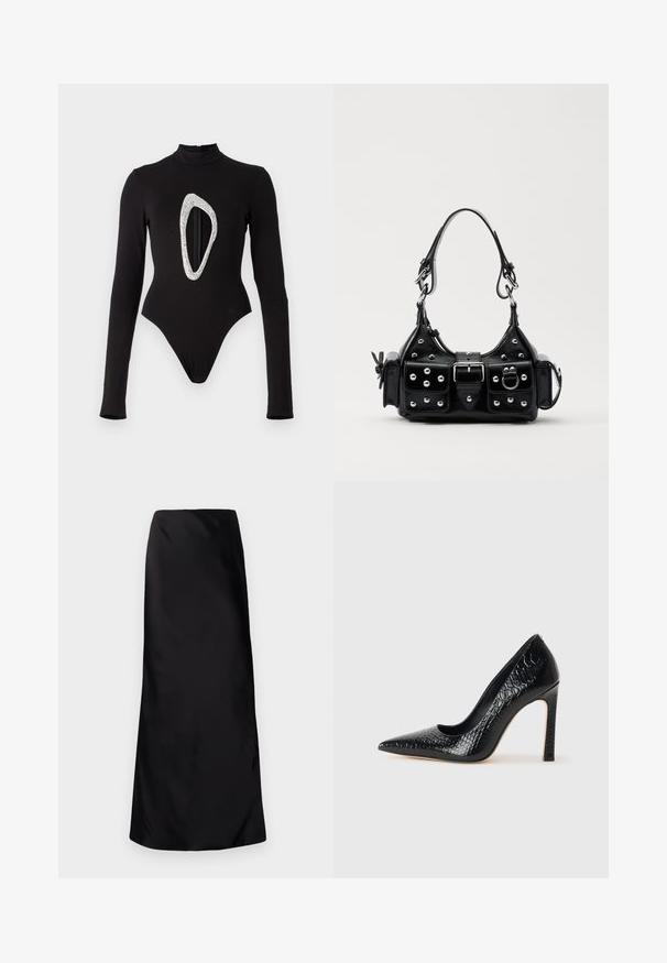 Schwarzer langärmeliger Bodysuit mit Stehkragen, der vorne mit einem großen, glitzernden ovalen Ausschnitt verziert ist. Glatte Stoffqualität mit hoch geschnittenen Beinen.; Norma Kamali BIAS OBIE SKIRT - Maxirock - black; Schwarzer, spitz zulaufender High Heel mit Krokodilleder-Struktur, elegantem Design, hohem Stiletto-Absatz und glattem schwarzen Innenraum.; Schwarze Lederhandtasche mit einem geschwungenen Design, verziert mit silbernen Nieten, einer Schnalle und zwei seitlichen Taschen. Verstellbarer Träger für verschiedene Tragemöglichkeiten.