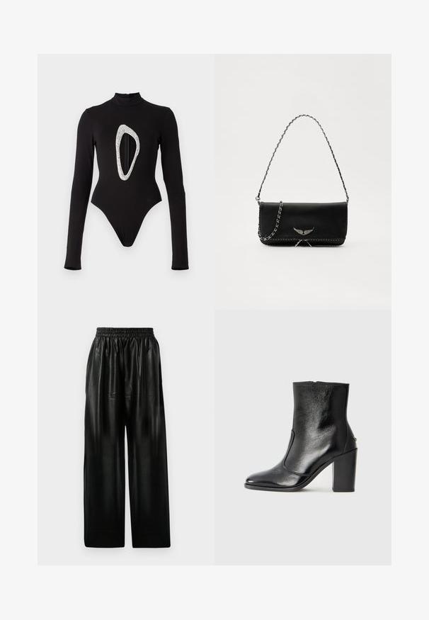 Schwarzer langärmeliger Bodysuit mit Stehkragen, der vorne mit einem großen, glitzernden ovalen Ausschnitt verziert ist. Glatte Stoffqualität mit hoch geschnittenen Beinen.; Schwarze Leder-Hosen mit weitem Bein und elastischem Bund, ausgestattet mit zwei Seiten Taschen und einer glatten, glänzenden Oberfläche.; Schwarze Leder-Stiefelette mit glatter Textur, spitzem Fuß und klobigem hohen Absatz. Verfügt über eine seitliche Öffnung und ein minimalistisches Design.; Schwarze Lederhandtasche mit einem silbernen Kettenriemen, verziert mit dekorativen Flügelakzenten und weißen Nähten entlang der unteren Naht.