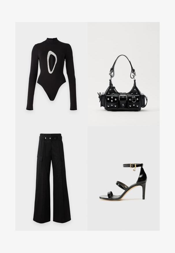 Must tähtedega must pikkade varrukatega bodi, millel on kõrge kaelus ja suur sädelev ovaalne lõige ees. Sile kangas ja kõrge lõikega jalad.; Mustad laiad püksid kõrge vöökohtaga, suured küljetaskud, kaks esimest nööpi ja silmuse detailiga. Valmistatud tugevast kangast.; Must musta nahk sandaal kolme rihmaga, pahkluu vööga ja 4-tollise stilettakontsaga. Omab kuldset detaili ja logovõtit.; Must värvi nahast käekott, millel on kaarjas disain, hõbedased nupukesed, kinnitusahe ja kaks külgtaskut. Reguleeritav rihm erinevate kandmisvõimaluste jaoks.