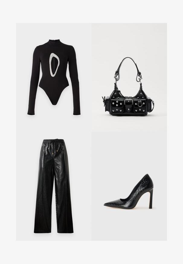 Body a manica lunga nera con collo alto, caratterizzato da un grande taglio ovale scintillante sul davanti. Tessuto liscio con gambe alte.; Pantaloni ampi in pelle nera con cintura elastica, cordoncino e accenti in metallo dorato. Texture liscia e vestibilità ampia.; Scarpa nera con punta a punta alta in pelle di coccodrillo, caratterizzata da un design elegante, alto tacco a spillo e interno nero liscio.; Borsa a mano in pelle nera con design curvo, caratterizzata da borchie argentate, una fibbia e due tasche laterali. Tracolla regolabile per diverse opzioni di trasporto.