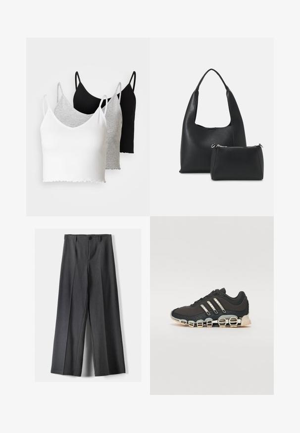 Even&Odd 3 PACK - Top - black/white/grey; Wijde broek in donkergrijze stof, met een knoopsluiting, voorplooien en riemlussen. Gladde textuur met een op maat gemaakte uitstraling.; Zwarte sportschoen met een gestructureerde bovenkant, drie zilveren strepen en een kenmerkende dempingszool met meerdere geïntegreerde secties.; Even&Odd Handtas - black