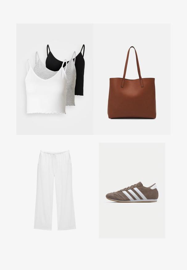 Even&Odd 3 PACK - Felső - black/white/grey; Fehér, bővülő szárú nadrág puha anyagból, elöl húzózsinórral ellátott gumis derékkal és két oldalsó zsebbel. Egyszerű és letisztult dizájn.; Barna velúr sportcipő fehér csíkokkal, kerek orral, fűzős kialakítással és gumitalppal. Textúrázott felsőrész varrási részletekkel.; Barna bőr vászontáska sima textúrával, nyitott tetejű dizájnnal és két vállpánttal. Minimális varrással és látható hardver nélkül készült.