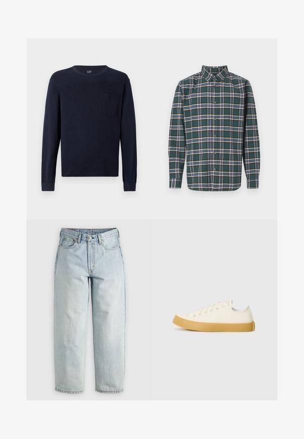 Navy long-sleeve t-shirt made of cotton, featuring a rounded neckline and a small chest pocket on the left side. Smooth texture.; Green flannel shirt with a plaid pattern featuring blue, white, and mustard yellow lines. Buttoned front and pointed collar. Long sleeves.; Light blue denim jeans with a straight leg, five pockets, and a button-fly closure; features faded areas and subtle stitching details.; Canvas sneakers in off-white with a round toe, featuring beige rubber soles and five eyelets for laces, textured finish on the upper.