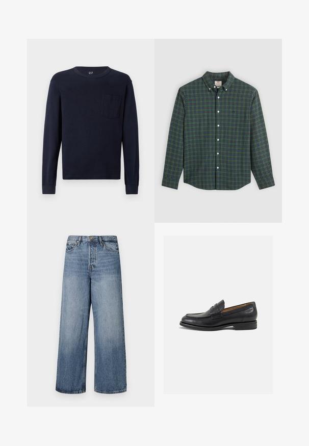 Tumesinine pikkade varrukatega T-särk, mis on valmistatud puuvillast, ümarate väljalõigetega kaelas ja väikese rindade taskuga vasakul küljel. Sile tekstuur.; Pikend varrukatega nööbiga särk rohelise, sinise ja kollase ruudulise mustriga, valged nööbid ja nööbitud krae.; Laia siniste denimpükse, millel on pleekinud pesu, viie tasku disain ja nööbi sulgemine. Varustatud vööde jaoks silmadega ja õmblustega detailidega.; Mustad mustad nahast loafers, sujuva viimistlusega, ümar sirge ja dekoratiivne tikand peal. Madal ja kergelt kuhjatud konts ning kerge läige.