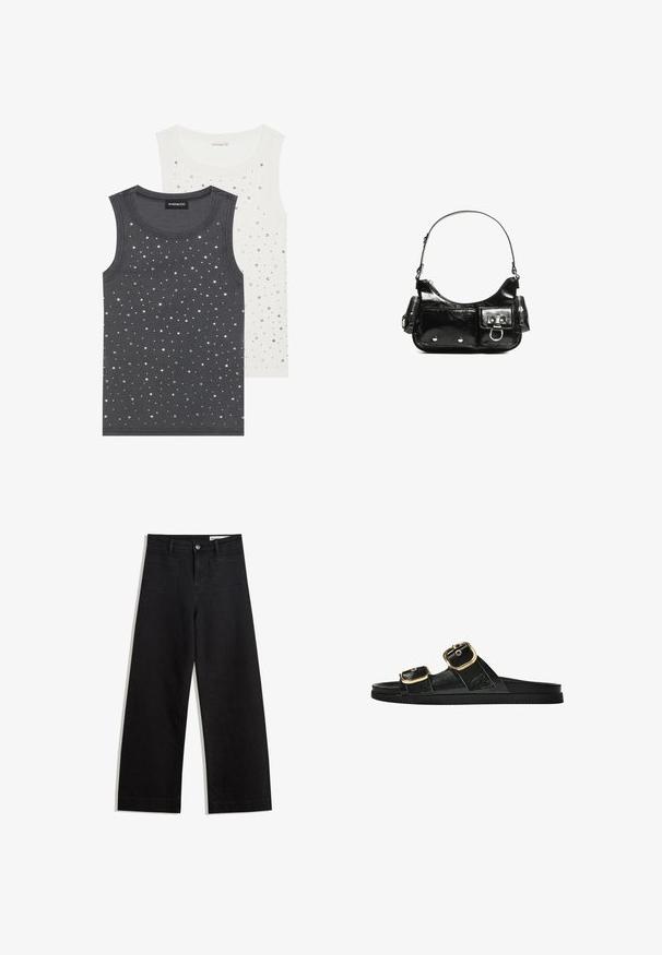 Dva brezrokavnika: en temno siv z rebrasto teksturo in srebrnimi okraski, drugi bel s razpršenimi srebrnimi pike.; Črne široke denim hlače z visokim pasom, ki imajo sprednje in zadnje žepe, šivane šive ter gumbasto zapiranje. Gladka tekstura.; Črne drsne sandale z dvema zlatima zaponkama, gladkega materiala, ravnim podplatom in minimalističnim dizajnom.; Črna lakasta usnjena torbica s ukrivljeno obliko, enim ramenskim trakom, sprednjimi žepi in srebrnimi kovinskimi dodatki.
