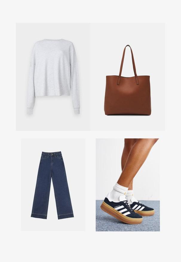 Abercrombie & Fitch WAFFLE DOLMAN - Ilgarankovis viršutinės dalies drabužis - grey; Plati džinsai tamsiai mėlynos denimo. Yra penki kišenės, diržo kilpos ir apatinė briauna su matomais siuvimo detalėmis.; Juodi zomšiniai sportbačiai su baltais dryžiais ir akcentais, apvalios nosies, guminio, gumos pado, derinami su baltais raitytais vidutinio ilgio kojinaitėmis.; Ruda odinė priekabų krepšys su glotnia tekstūra, atviru viršumi ir dviem petnešomis. Su minimalia siuvimo detalėmis ir nematoma aparatūra.