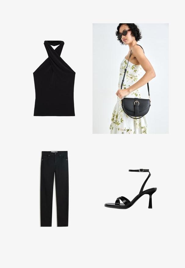 Schwarzes Haltertop aus glattem Stoff, mit einem gedrehten Ausschnittdesign und einer figurnahen Silhouette. Keine Muster oder sichtbare Beschläge.; Schwarze Jeans mit geradem Bein, fünf Taschen, Metallknopfverschluss und dezenten Nähten. Glatte Textur.; Schwarze, geschnürte Sandalette mit Absatz und quadratischer Zehenpartie. Verfügt über einen dünnen Knöchelriemen, glänzendes Leder und einen Stöckelabsatz.; Schwarze Lederhandtasche mit geschwungener Form, abnehmbarem Tragegurt und goldenen Beschlägen. Die Tasche verfügt über einen Deckel mit einer Schnallen-Details.