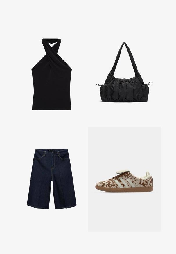 Top halter nero realizzato in tessuto liscio, con un design del collo attorcigliato e una silhouette aderente. Senza fantasie o accessori visibili.; Bermuda shorts in denim blu scuro con una vestibilità ampia, dotati di due tasche anteriori, cuciture gialle e una vita con passante per la cintura.; Sneaker con un motivo screziato beige e marrone, caratterizzato da tre strisce bianche, una fascia in velcro e una suola in gomma marrone.; Borsa a tracolla in tessuto nero con texture arricciata, due manici e chiusura a coulisse sui lati. Materiale liscio e leggero.