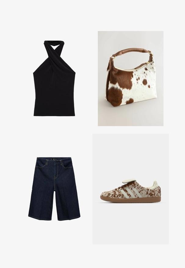 Top negru tip halter, fabricat dintr-un material neted, cu un design al gâtului răsucit și o siluetă ajustată. Fără tipare sau elemente metalice vizibile.; Bermude din denim bleu închis, cu o croială relaxată, având două buzunare frontale, cusături galbene și un tiv cu bucle pentru curea.; Pantof cu un model bej și maroniu cu puncte, având trei dungi albe, o curea cu arici și o talpă din cauciuc maroniu.; Geantă din piele de vită cu un model pistruiat maro și alb, curea din piele maro, fermoar aurie și textură moale. Formă structurată cu margini rotunjite.