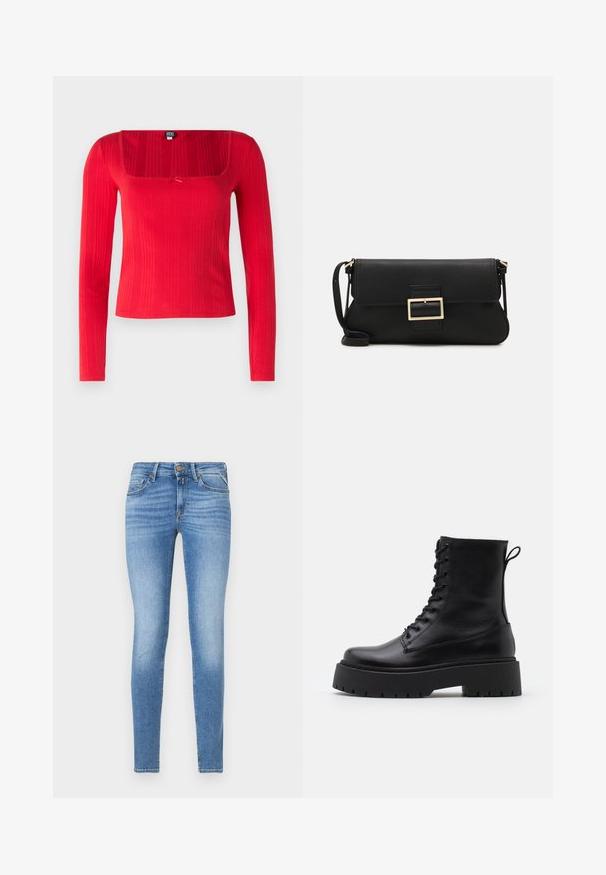 Punane pika varrukaga särk neljakandilise kaelusega, ribikujundusega ja keskel sõlme detailiga. Valmistatud venivast kangast, mis tagab lähedase istuvuse.; Kitsas lõikega helesinised denim teksad keskmise kõrgusega vöökohaga, esise nupuga ning viie taskuga disainiga.; Mustad mustad nahast pahkluu saapad ümarate varvastega, nööridega esiosas ja paksu kummist talla ning tekstuuritud mustriga. Tagumine tõmbeaas.; Must haben musta nahkklahviga kott, millel on klapp ja kuldne metallist pandla detail. Kaasas must rihm ja stiilne, minimalistlik disain.; Kuldne rõngassõrmused sileda ja läikiva viimistlusega. Ringikujuline disain, millel on väike post ja selge tagumine külg, et tagada kindel kandmine.