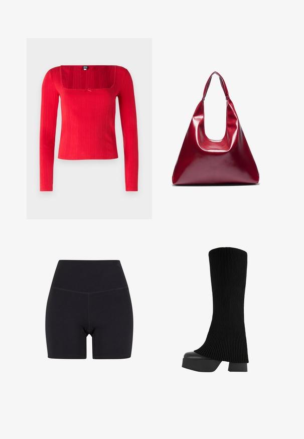 Rdeč zgornji del z dolgimi rokavi, kvadratnim izrezom, rebrasto teksturo in osrednjo pentljo. Izdelan iz raztegljive tkanine za tesno prileganje.; Črne kratke hlače z visokim pasom, izdelane iz raztegljive tkanine. Imajo elastiko v pasu, gladko teksturo in dolžino do sredine stegen z brezšivnim dizajnom.; Črne škornje do kolen z raščlenjeno zgornjo plastjo iz blaga, debelim platformskim podplatom in blok peto, ki ima gladko teksturo in eleganten, sodoben dizajn.; Rdeča sijoča usnjena torbica v trikotni obliki, širokim vrhnjim odprtjem in enim ukrivljenim ročajem. Gladka textura z minimalnimi šivi.