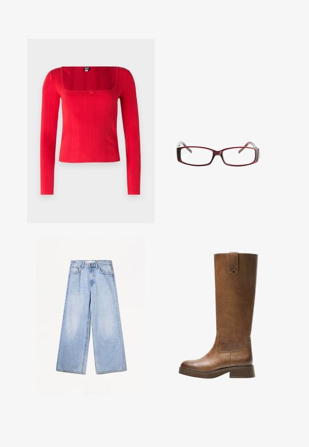 Red long-sleeve top with a square neckline, ribbed texture, and a centered bow detail. Made from a stretchy fabric for a close fit.; Bershka WIDE-LEG - Wide Leg - light-blue denim; Brown leather knee-high boot with a rounded toe, textured surface, and a stacked low heel. Features a side panel and pull tab at the top.; Red rectangular eyeglasses with a sleek design. Clear lenses, slightly translucent temples, and a gradient effect from red to gray.