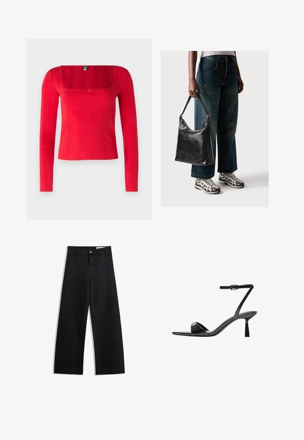 Rode langemouwen top met een vierkante halslijn, geribbeld textuur en een centraal strikdetail. Gemaakt van een rekbare stof voor een nauwsluitende pasvorm.; Zwarte denim broek met wijde pijpen en een hoge taille, voorzien van voor- en achterzakken, gestikte naden en een knoopsluiting. Gladde textuur.; Bershka Sandalen met hoge hak - black; Zwarte leren schoudertas met een gladde textuur en een verstelbare strap, gecombineerd met vervaagde wijde jeans en sportieve sneakers.